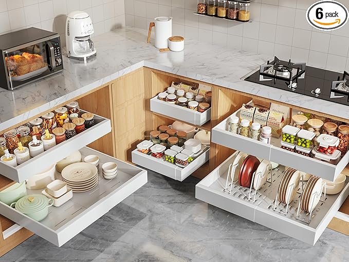 6 Pack Pull Out Cabinet Organizers 21" Deep With Raising Pad for Framed Cabinets, Expandable Slide Out Drawers with 4pcs Divider Racks, Roll Out Shelves, Adjustable Width 12"-20.45" White