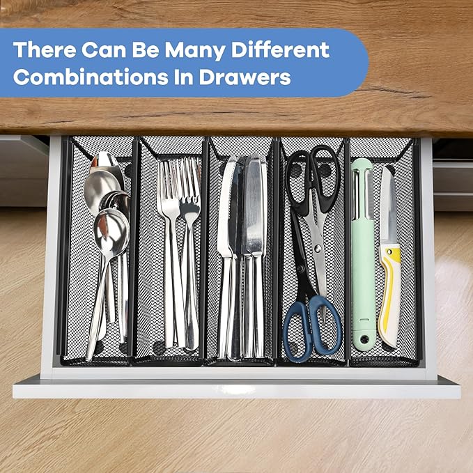 Silverware Organizer, Silverware Drawer Organizer, 6 Pack Cutlery Drawer Organizer, Utensil Organizer, Utensil Drawer Organizer, Cutlery Holder with Interlocking Arm (Black, 9.6 * 3 * 2 Inches)
