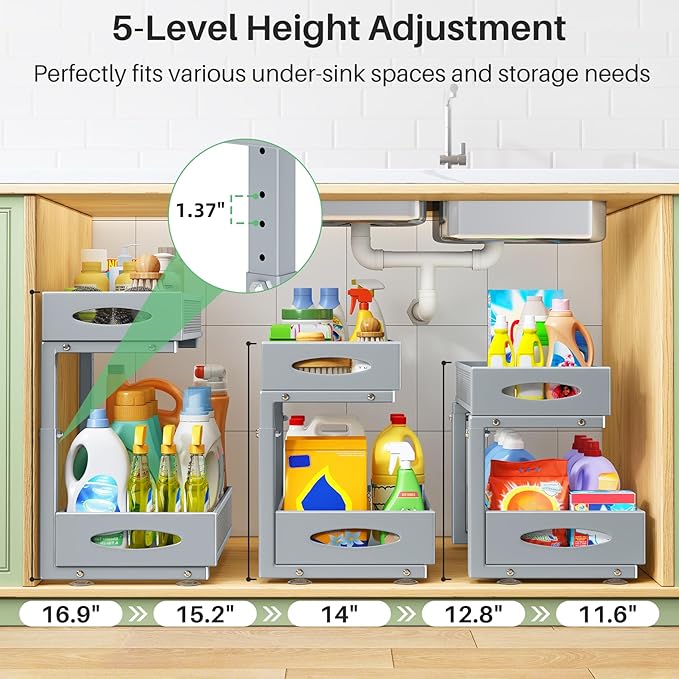 Under Sink Organizer, 2 Tier Pull out Cabinet Organizer Baskets with Mesh Sliding Drawers, Slide out Storage Shelf for Home, Kitchen, Bathroom, Pantry, Office, Countertop(1 Pack,Grey)