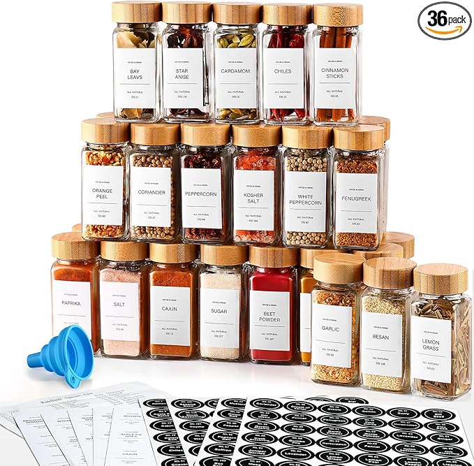 DWTS DANWEITESI 36 Pcs Glass Spice Jars - 4oz With Bamboo Lids, Empty Bottles With Labels, Kitchen Spice Jars With Shaker Lids