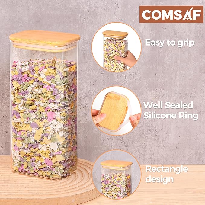 ComSaf 63oz Rectangle Glass Storage Containers with Lids, Glass Jars with Bamboo Lids, Clear Food Jar, Square Canister Set of 3, Pantry Organizers and Storage for Flour Pasta Coffee Bean