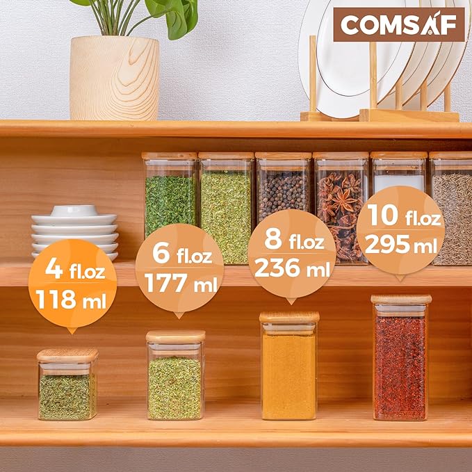 ComSaf 16Pcs Glass Spice Jars with Bamboo Lid, 4oz Airtight Square Spice Containers with 275 Black Lables, Empty Seasoning Jars for Spice Salt Sugar