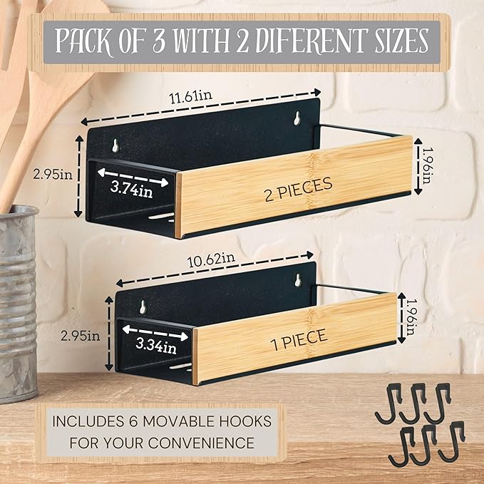4 | 3 Pack Magnetic Spice Storage Rack Organizer for Refrigerator and Oven, Black Fridge Storage, Magnetic Shelf, Spice Rack Organizer, Metal-Bamboo