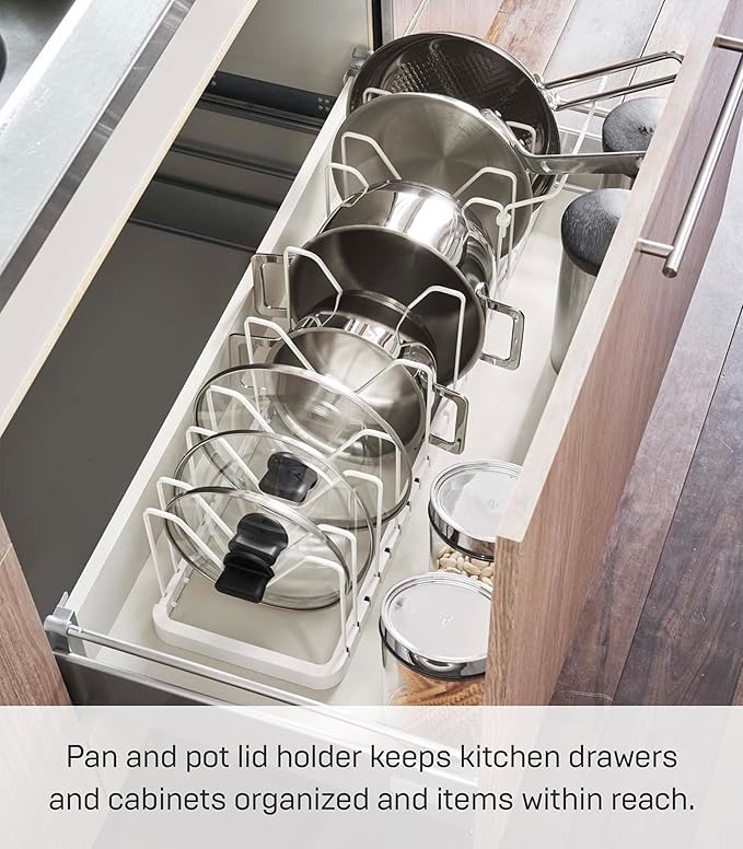 YAMAZAKI home 3840 Adjustable Lid & Pan Organizer-Kitchen Drawer Storage Shelf Rack, One Size, White
