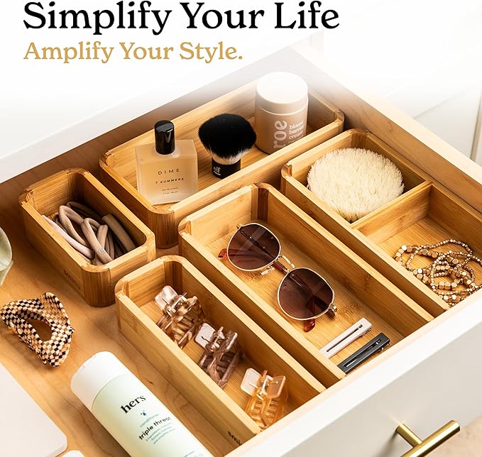 SMIRLY Set of 5 Bamboo Kitchen Drawer Organizer,Multi-use Wood silverware organizer,Drawer divider for Office,Bathroom, Nightstand, Jewelry, Cutlery, Makeup, Spice