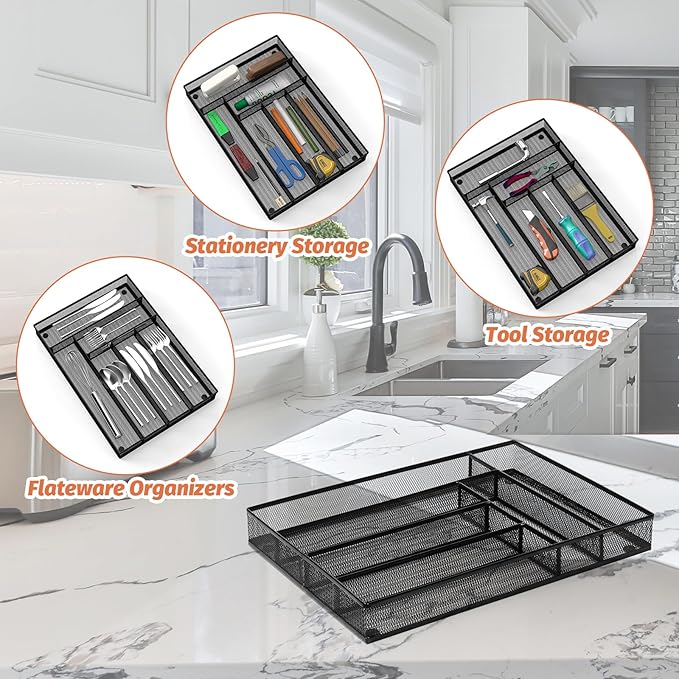 Kitchen Drawer Organizer Flatware Organizer,Drawer Dividers with 6 Compartment,Silverware Organizer Metal Mesh Cutlery Tray Mesh Organizer (11.3" x 16 ")