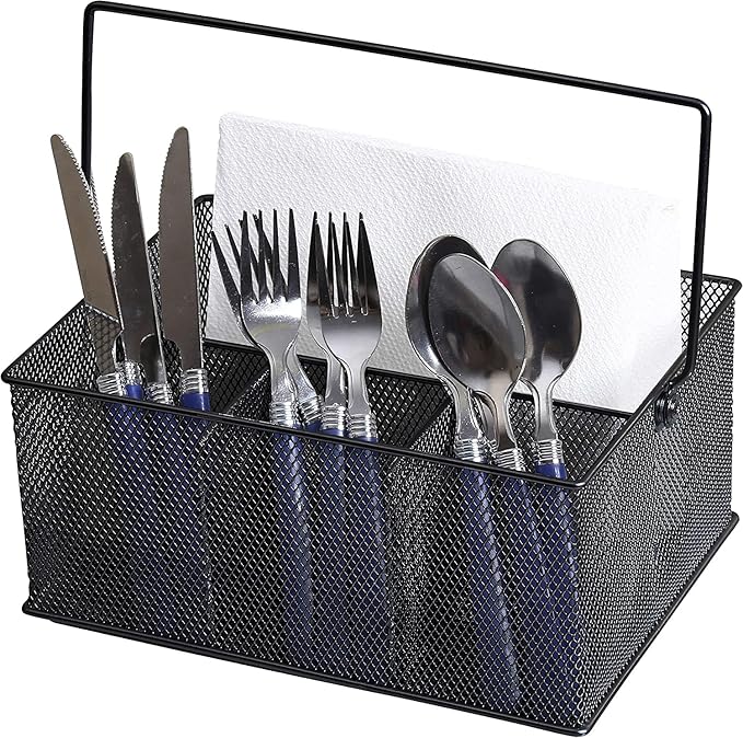 YBM Home Mesh Basket Utensil Holder & Picnic Silverware Caddy Organizer with Four Compartments and Napkin Storage, Black (24 Pack)