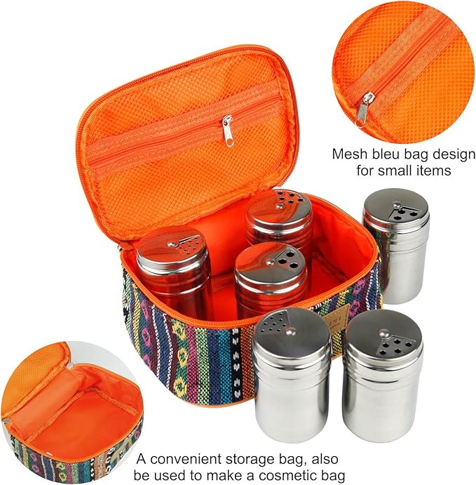 6Pcs Stainless Steel Spice Shaker, Camping Spice Kit with Travel Bag, Salt and Pepper Shakers Set For Salt Sugar Spice Dry Herb Spice, for Home or Outdoor Use