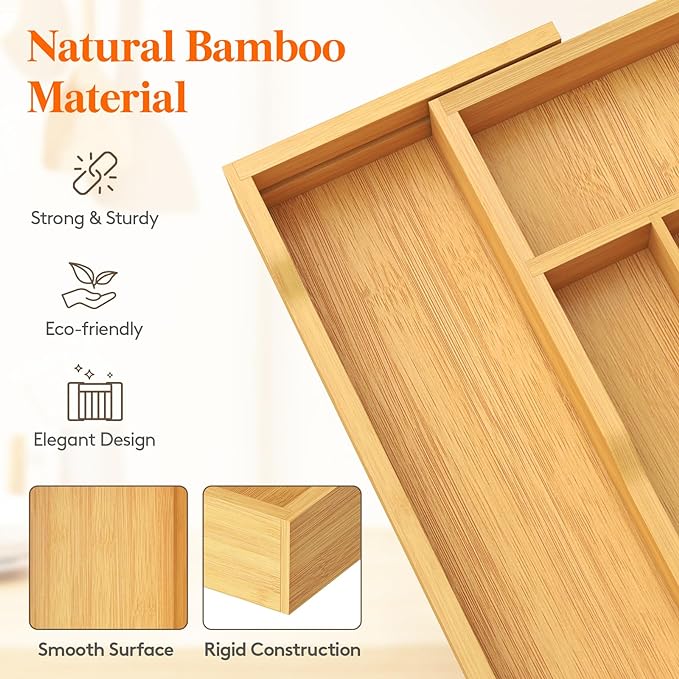 Lifewit Silverware Drawer Organizer, Expandable Utensil Tray for Kitchen, Bamboo Flatware and Cutlery Holder, Wood Adjustable Storage for Spoons Forks Knives, Large, Natural