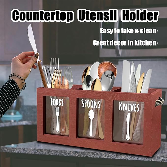 Wooden Utensil Caddy, Kitchen Silverware Caddy Countertop, Spoon And Fork Holder With Handles, Farmhouse Flatware Cutlery Holder, Rustic Silverware Organizer For Party(Brown)