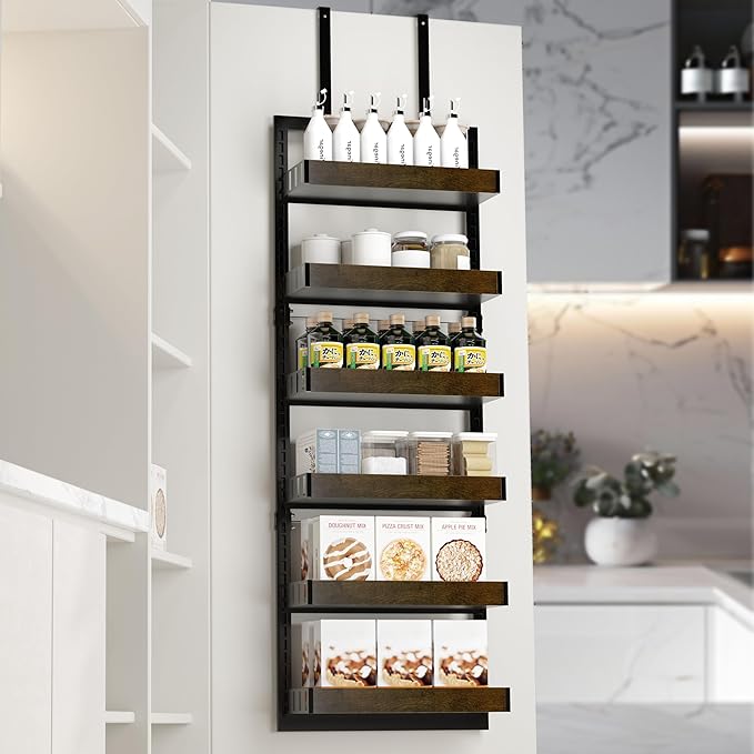 Over The Door Organizer, 6-Tier Over The Door Pantry Organizer, Heavy Duty Metal Frame, Spice Rack, Behind the Door Storage for Kitchen, Bathroom, Laundry Room, 16.9”L×6.3”W×51.2”H (Black)