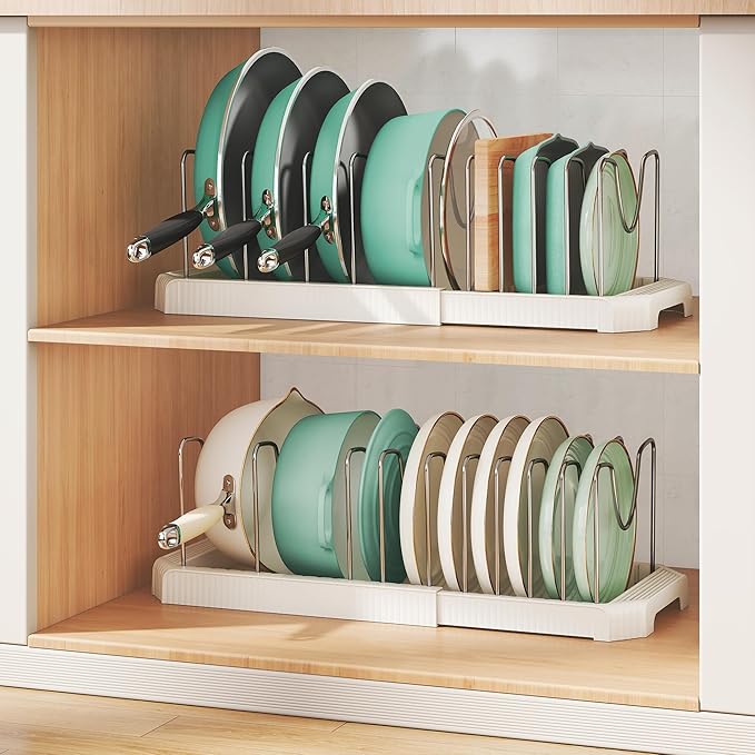 Pots and Pans Organizer for under Cabinet, Expandable Pan Pot Organizers inside Cabinet, Heavy Duty Pot Rack for kitchen organizers and storage Holder with 10 adjustable compartment White