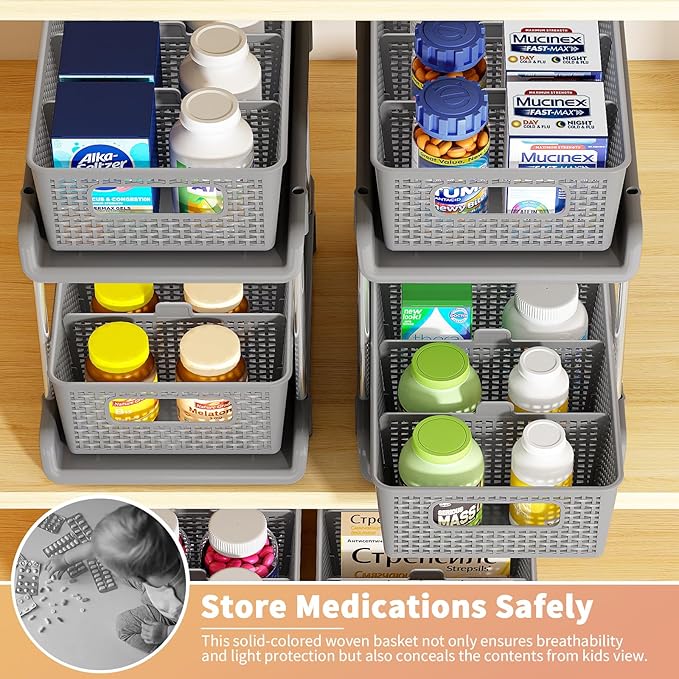 Bathroom Organizer with Dividers, 2Pcs 2 Tier Stackable Under Sink Organizers and Storage Cabinet Organizers for Bathroom Kitchen Pantry Organization and Storage, Medicine Cabinet Organizer