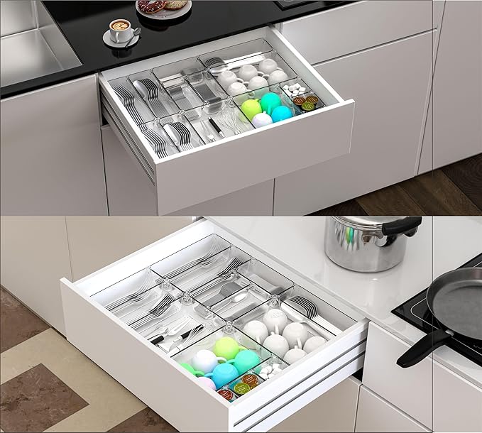 25 Pcs Clear Plastic Drawer Organizer Set,4 Sizes Small Organizer Bins for Bathroom,Office,Kitchen Cabinet and Vanity Organizers for Jewelry,Cosmetic,Gadgets Utensil In Drawer Organizer Trays