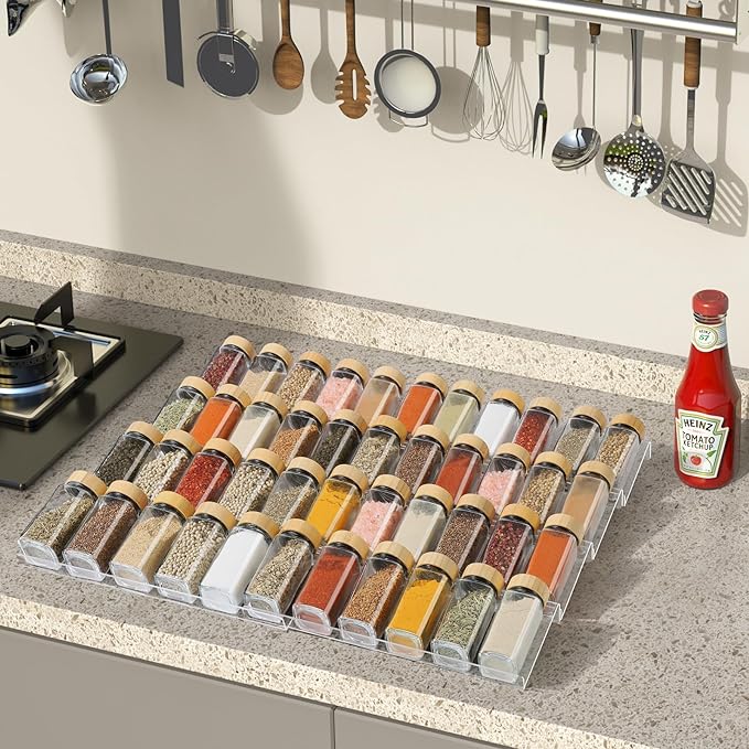 Spice Drawer Organizer 8 Tier, Acrylic Seasoning Organizer Rack, Clear Spice Rack Tray, Kitchen Seasoning Jars Drawers Insert (Jars Not Included/Expandable From 13" to 26")