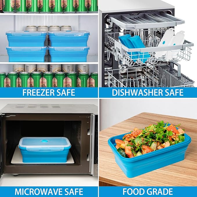 Collapsible Food Storage Containers with Lids, 4 Pack, 40 oz Silicone 1-Compartment Meal Prep Containers Reusable, Lunch Bento Boxes for Adults, Microwave Freezer Dishwasher Safe, BPA-Free, Blue