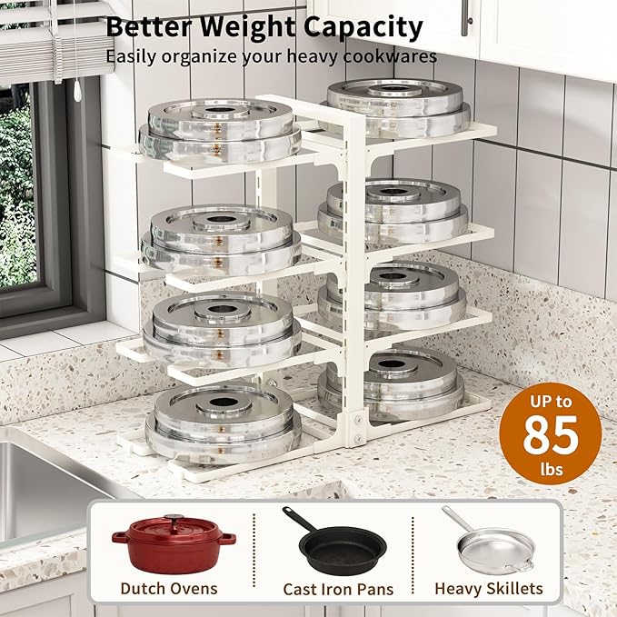 Adjustable Pots and Pans Organizer Under Cabinet, 8-Tier Pot and Pan Organizers Inside Cabinet, Kitchen Cabinet Organizers and Storage, White