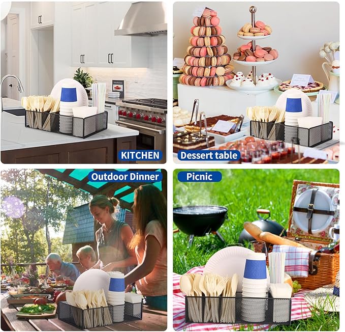 Paper plate organizer for Kitchen Countertop,Flatware Utensil Caddy,Utensil Holder Organizer with 6 Compartments for for Kitchen,Picnic,Indoor/Outdoor Dinner Parties,BBQ