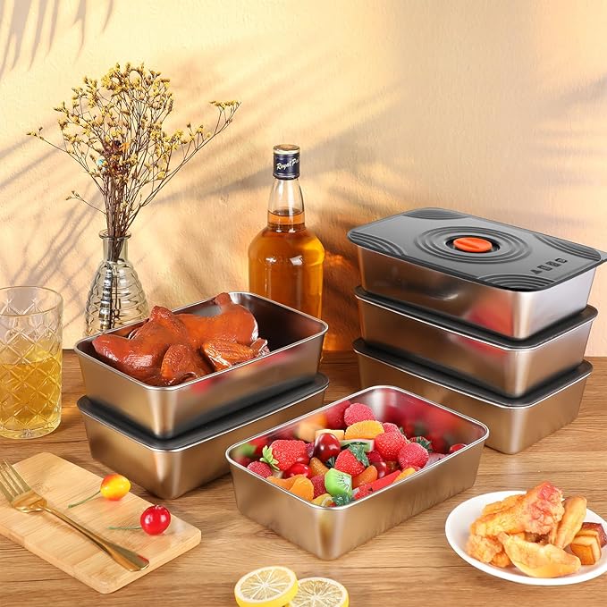 8 Set 60oz Stainless Steel Food Storage Containers Reusable Metal Meat Marinating Container with Lids Fruit Lunch Storage Box for Leftovers,dishwasher and Freezer Safe 1800ml