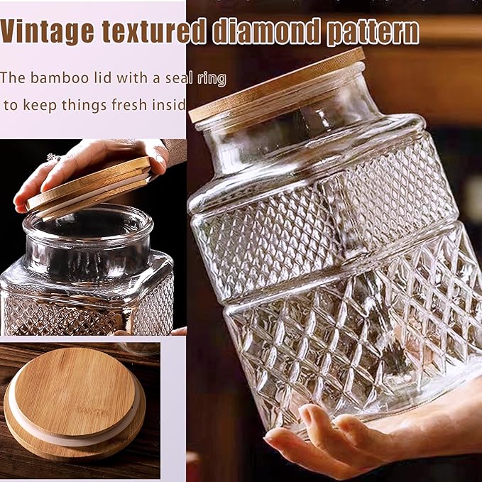 1 Gallon Glass Jar with Lid Spoon 120 OZ Square Wide Mouth Glass Storage Jars Airtight Large Vintage Canister Container for Candy Cookie Sugar Coffee Tea Nuts Flour Dog Treat Laundry Pods