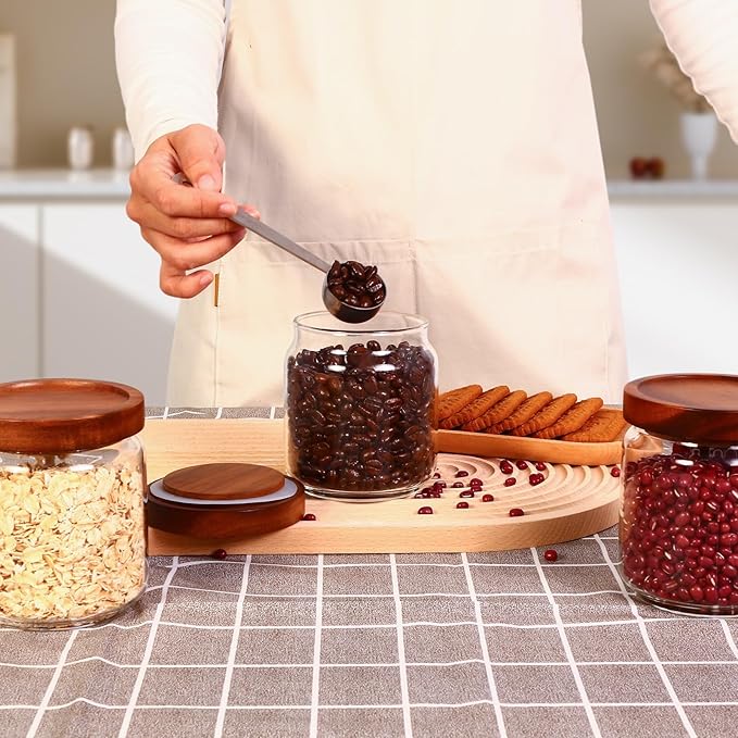 16oz Glass Airtight Food Storage Jars with Acacia Wood Lid - Kitchen Canisters for Coffee,Tea,Sugar,Spices,Herbs,and Candy - Airtight,Eco-Friendly, and Stylish for Pantry or Countertop (4PCS)