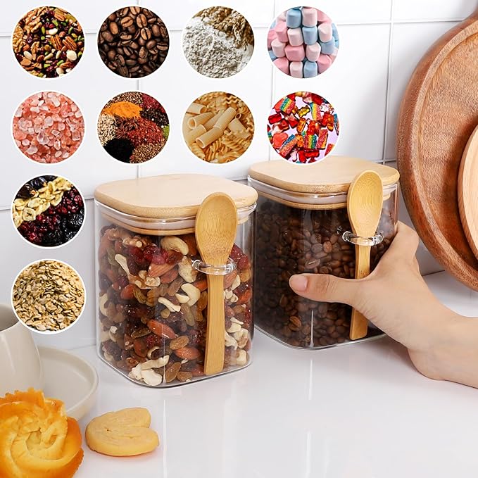 TIPGO 27oz Glass Food Storage Jars Set of 4,Clear Glass Storage Containers with Bamboo Lids,Pantry Organization Jar, Spice, Coffee and Sugar Container, Small Canister Set for Kitchen