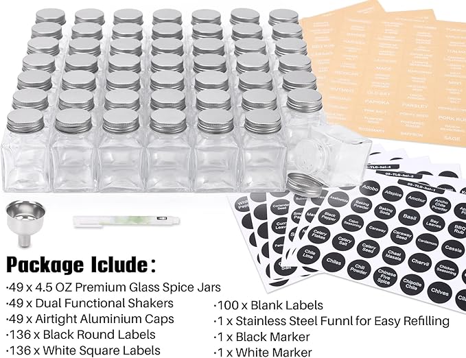MIUKAA 49-Pack Cube Glass Spice Jars with 372 Labels, 49 Shakers, Lids, 4.5 oz Empty Square Spice Bottle, Reusable Clear Kitchen Spice Storage Containers