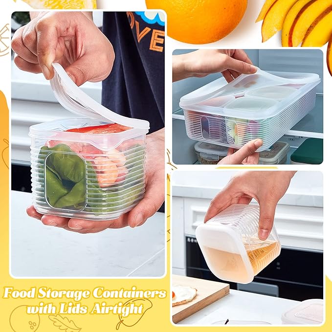 Rtteri 2 Sets Salad Bar Containers for Fridge Food Storage Containers with Airtight Lids Divided Pizza Salad Storage Include 6 Pcs Removable Reusable Box No BPA