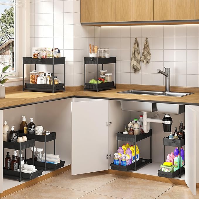 4-Pack Under Sink Organizer, 2-Tier Multi-Use Pull Out Kitchen Bathroom Organizers and Storage with Sliding Drawer, Cabinet Organizer with 2 Hanging Cups and Multi-type Hooks (Black)