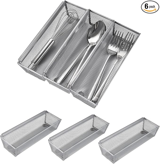 Faridabio Mesh Drawer Organizer,Silverware Organizer for Kitchen Utensil Cutlery Tray with Interlocking Steel Mesh Metal Flatware Organizer Storage Silver (6 pcs)