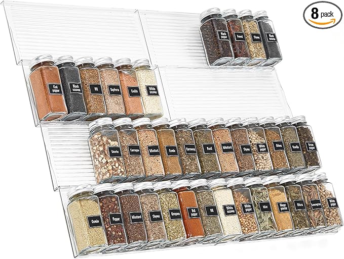 Lifewit Plastic Adjustable Spice Drawer Organizer, Expandable Spice Rack for Countertop, Jar Storage Tray for Condiment, Seasoning, Syrup,Liquor, Medicine for Kitchen, Pantry, Set of 8, Clear