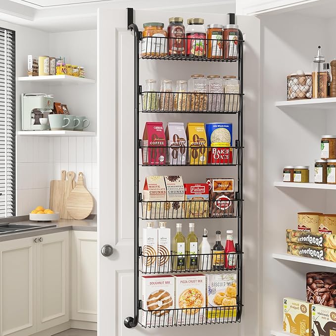Over The Door Pantry Organizers and Storage, 6-Tier Spice Rack, Home & Kitchen Storage Shelves for Cabinet, Large Capacity Hanging Seasoning Organizer, Laundry Room Organization, Black