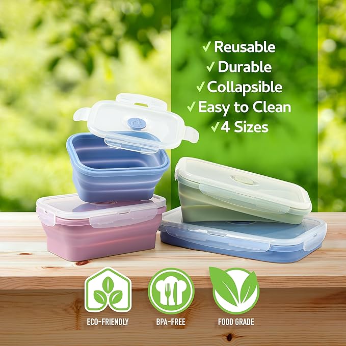 ICHC Set of 4 Collapsible Food Storage Containers - Space-Saving Silicone Meal Prep Boxes, Airtight and Stackable Lunch Containers, Microwave and Freezer Safe