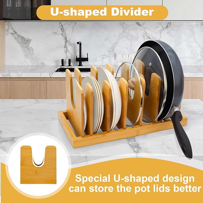 MinBoo Bamboo Pot Lid Organizer Pot Lid Holder, Pot and Pan Organizer Drawer Organizer for Pot Lids, Pans, Cutting Boards & Baking Sheets, Dinner Plates