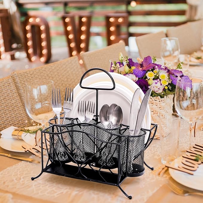 Bekith Silverware Caddy Paper Plate Napkin Holder, Utensil Holder with Handle, Countertop Flatware Caddy Portable Cutlery Storage Organizer for Kitchen, Picnic, Camping, Party, Metal Mesh, Black