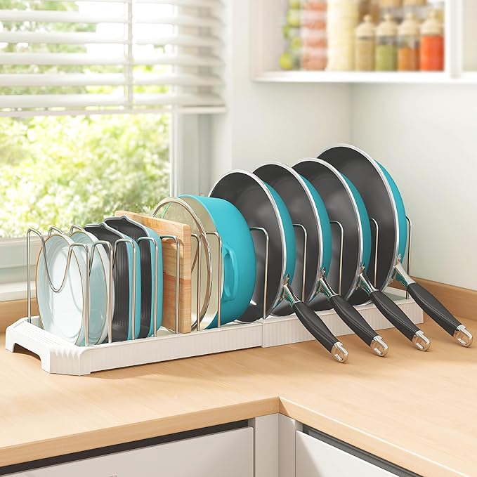 Pots and Pans Organizer for under Cabinet, Expandable Pan Pot Organizers inside Cabinet, Heavy Duty Pot Rack for kitchen organizers and storage Holder with 12 adjustable compartment White