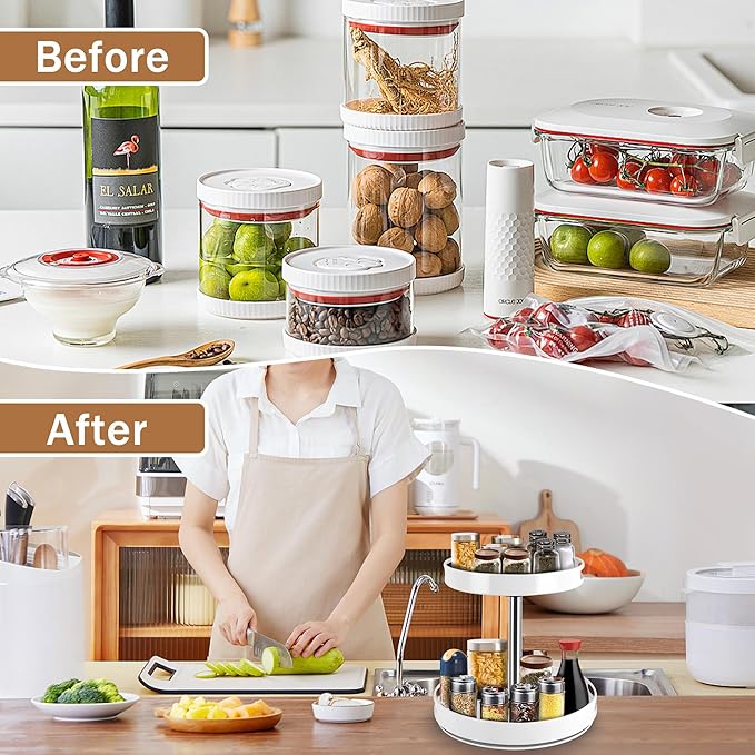 Rack Lazy Susan Organizer, 2 Tier Height Adjustable Rotating Lazy Turntable Organization for Cabinet Kitchen Table Pantry Countertop Refrigerator Cupboard Storage(White, 12 inch)