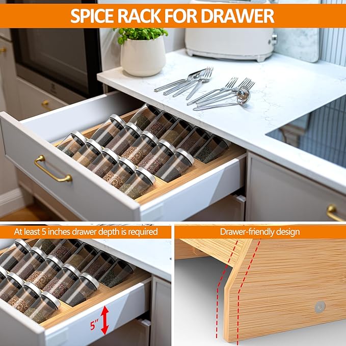 Bamboo Spice Rack Organizer for Kitchen Counter, 3 Tier Foldable Spice Shelf for Cabinet or Drawer (Jars Not Included)