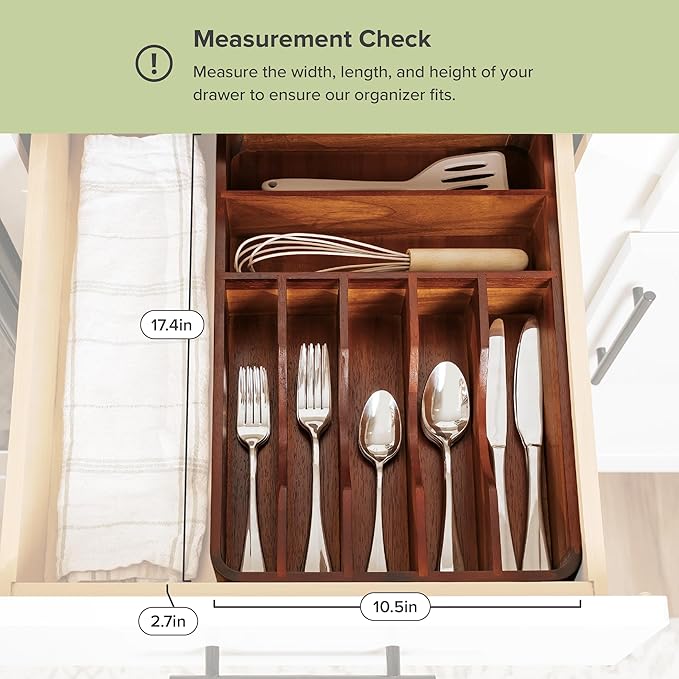 Silverware Organizer - Cutlery, Flatware, and Utensil Holder for Kitchen Drawers, Fixed 10.5” Width, 7 Storage Compartments, Non-Slip Feet, Rounded Corners, Acacia Wood