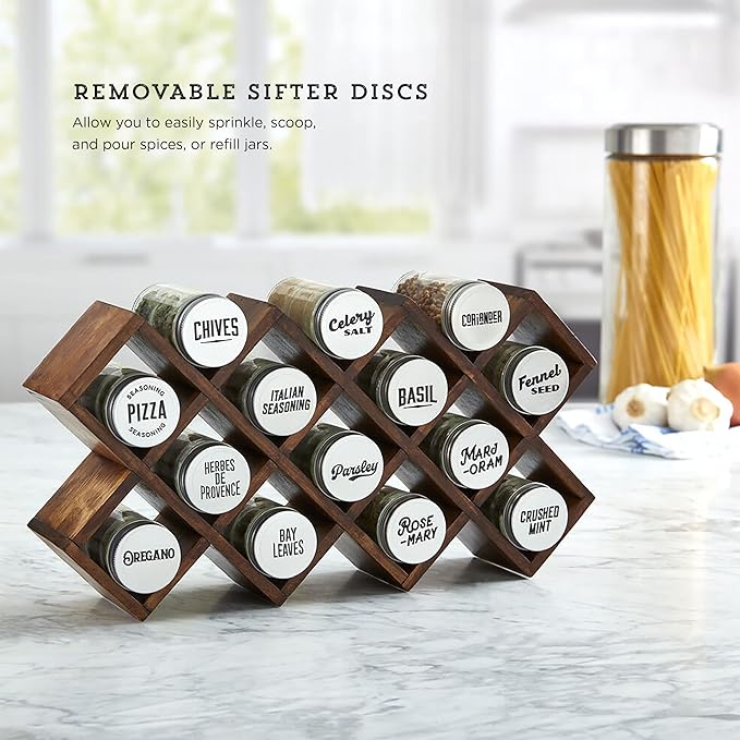 Kamenstein 10 Jar Criss-Cross 2-in-1 Spice Organizer for Countertop or Wall with Spices Included, FREE Spice Refills for 5 Years, Gray Wash Bamboo with Metal Caps
