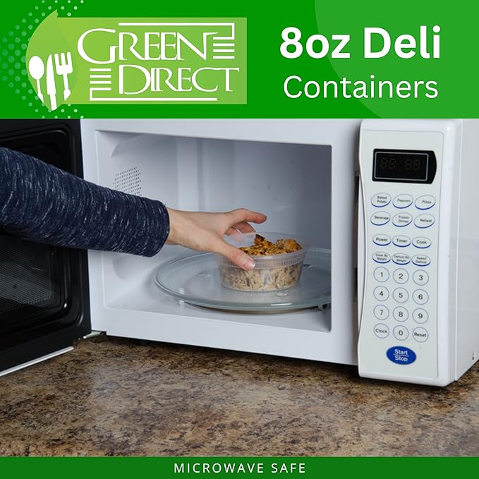 Green Direct 8 oz. Disposable Clear Deli Containers with Lids 50 Pack - Leakproof Lunch Plastic Round Freezer Food Storage Containers for Food