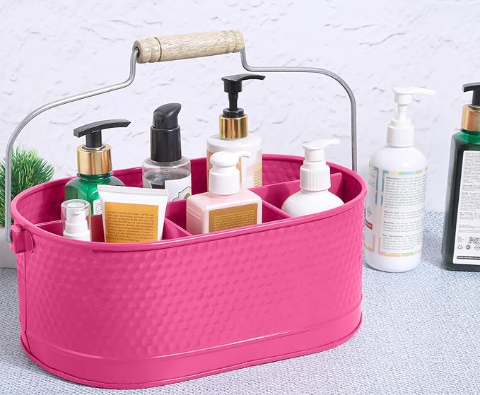 Alpha Living Home - Rustic Utensil Caddy – Metal & Wood Flatware Organizer with Handle – Silverware Holder for Kitchen Countertop, Picnic, BBQ, Parties – 4 Compartments – Bright Pink