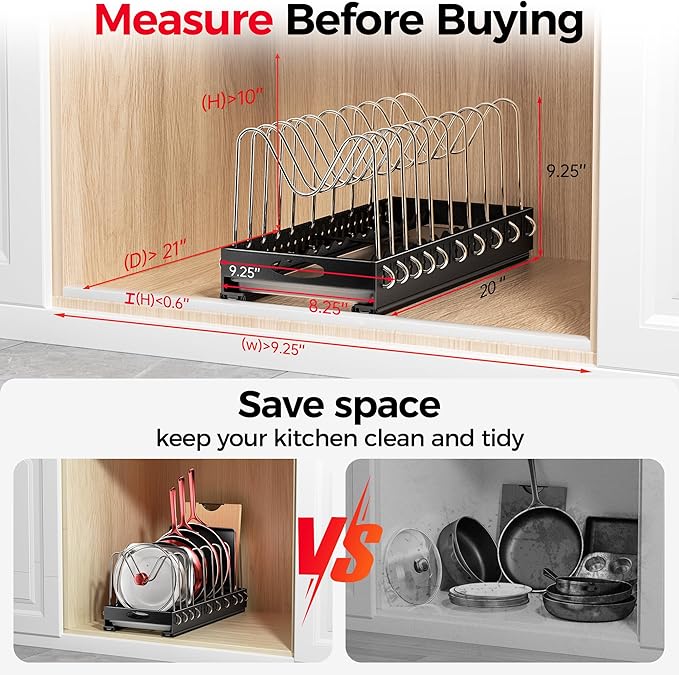 Pull Out Pots and Pans Organizer Under Cabinet, 20” Deep Pot Lid Rack with 10 Adjustable Dividers, No Drill Slide Out Inside Shelves Storage for Kitchen Cutting Board Bakeware Cookware Dishes