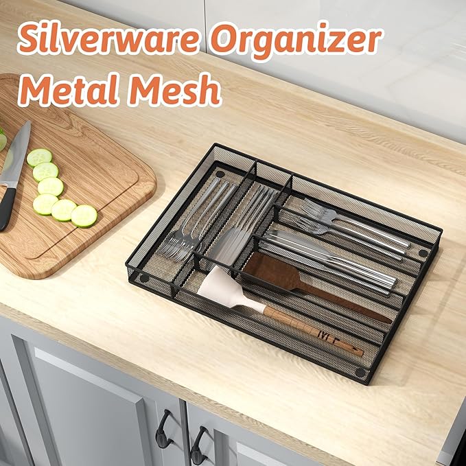 Kitchen Drawer Organizer Flatware Organizer,Drawer Dividers with 6 Compartment,Silverware Organizer Metal Mesh Cutlery Tray Mesh Organizer (11.3" x 16 ")