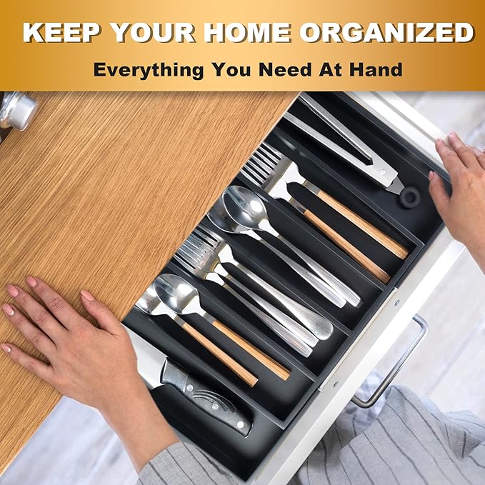 Expandable Utensil Organizer Silverware Organizer for Kitchen Adjustable Utensils Holder Bamboo Large Flatware Silverware Cutlery in Drawer (7 Slot, Black)