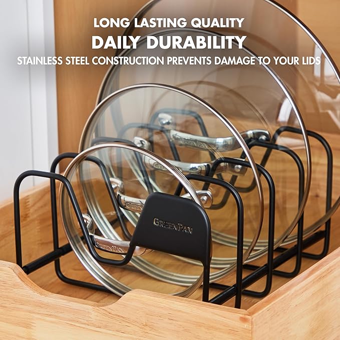 GreenPan Stainless Steel Wire Pots and Pans Lid Storage Rack, Holds 4 Lid Covers, Easy Storage, Countertop or Cabinent Organizer, Minimizes Clutter, Fast Drying, Wipes Clean, Black