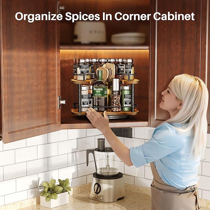 Lazy Susan Organizer Spice Rack - Height Adjustable Rotating Lazy Turntable Spice Organization for Cabinet, Pantry Kitchen Wood Revolving Seasoning Organizer, 12 inches, Black