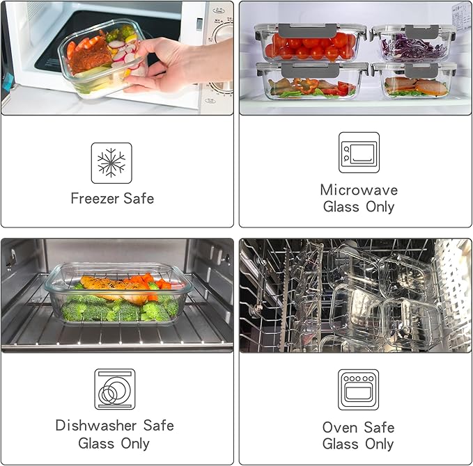 UMEIED 12 PACK Glass Food Storage Containers with Leak Proof Lids, Glass Airtight Meal Prep Containers Set for Lunch, On the Go, Leftover, Kitchen Pantry Organizers and Storage (Grey)