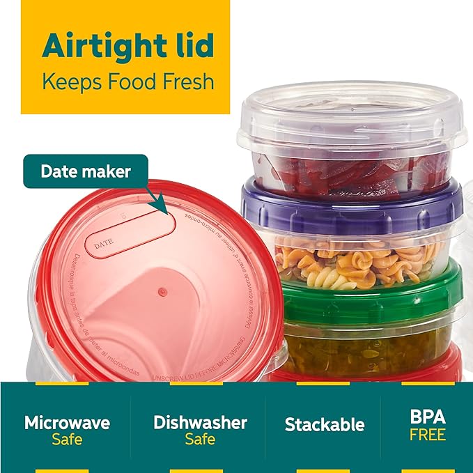 8 ounce Plastic Food Storage Containers with colored Twist Top Lids Reusable Leak Proof Deli Containers for Freezer Storage Meal Prep (12)