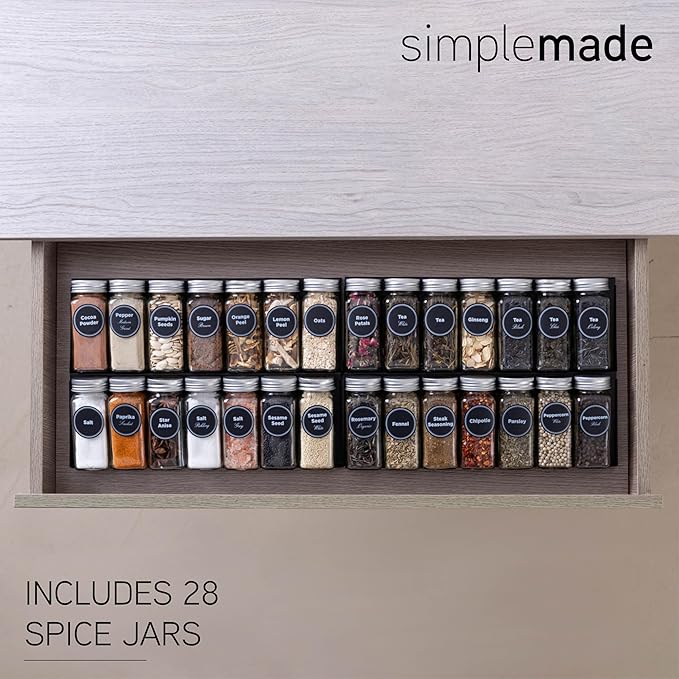 SIMPLEMADE-Spice Drawer Organizer, Spice Rack Drawer for Kitchen, 4 Tier Black Drawer Spice Organizer with 28 Jars and labels with a pen, Silicone Funnel, 13" by 17.5"